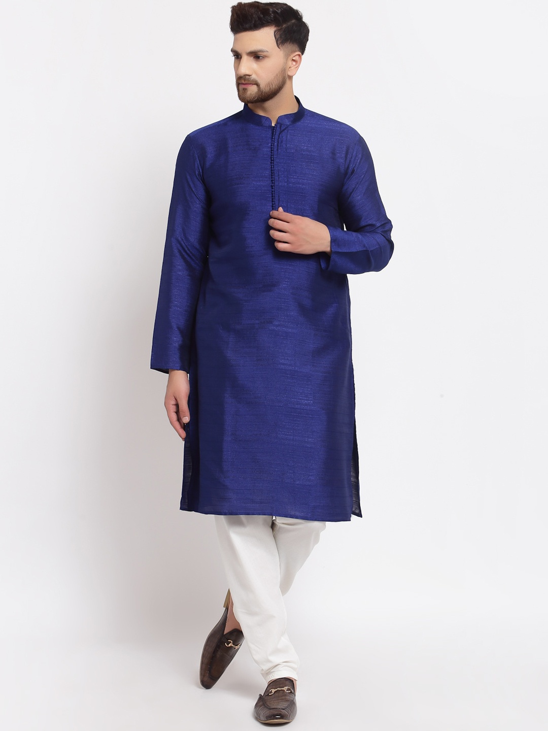 

MOHANLAL SONS Men Navy Blue Solid Mandarin Collar Dupion Silk Straight Kurta