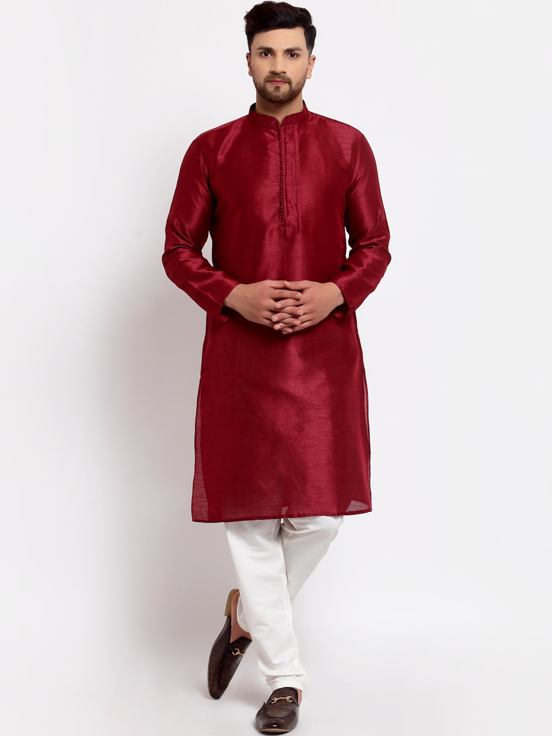 

MOHANLAL SONS Men Maroon Solid Mandarin Collar Dupion Silk Straight Kurta