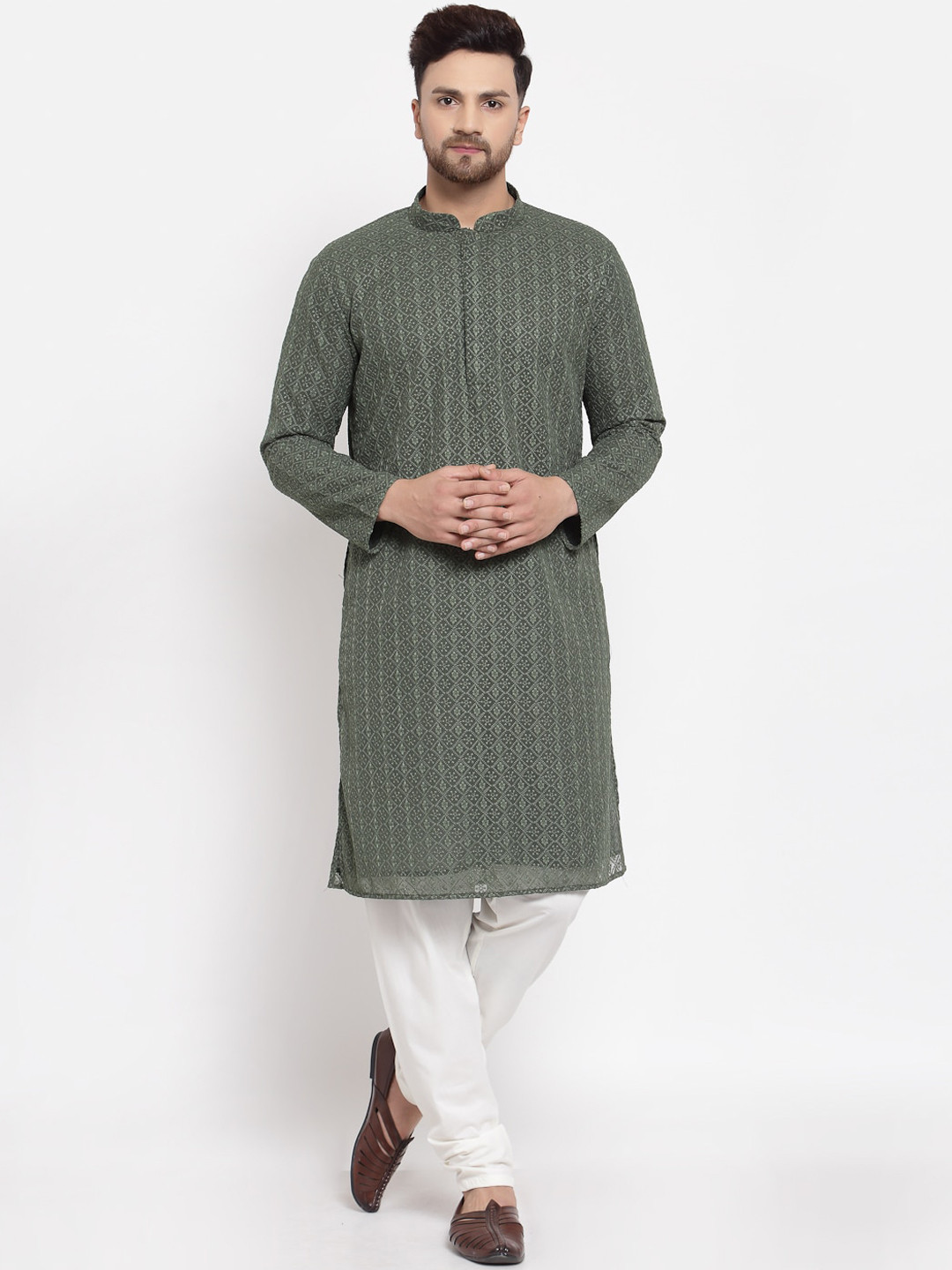 

MOHANLAL SONS Men Olive Green Floral Embroidered Chikankari Georgette Straight Kurta