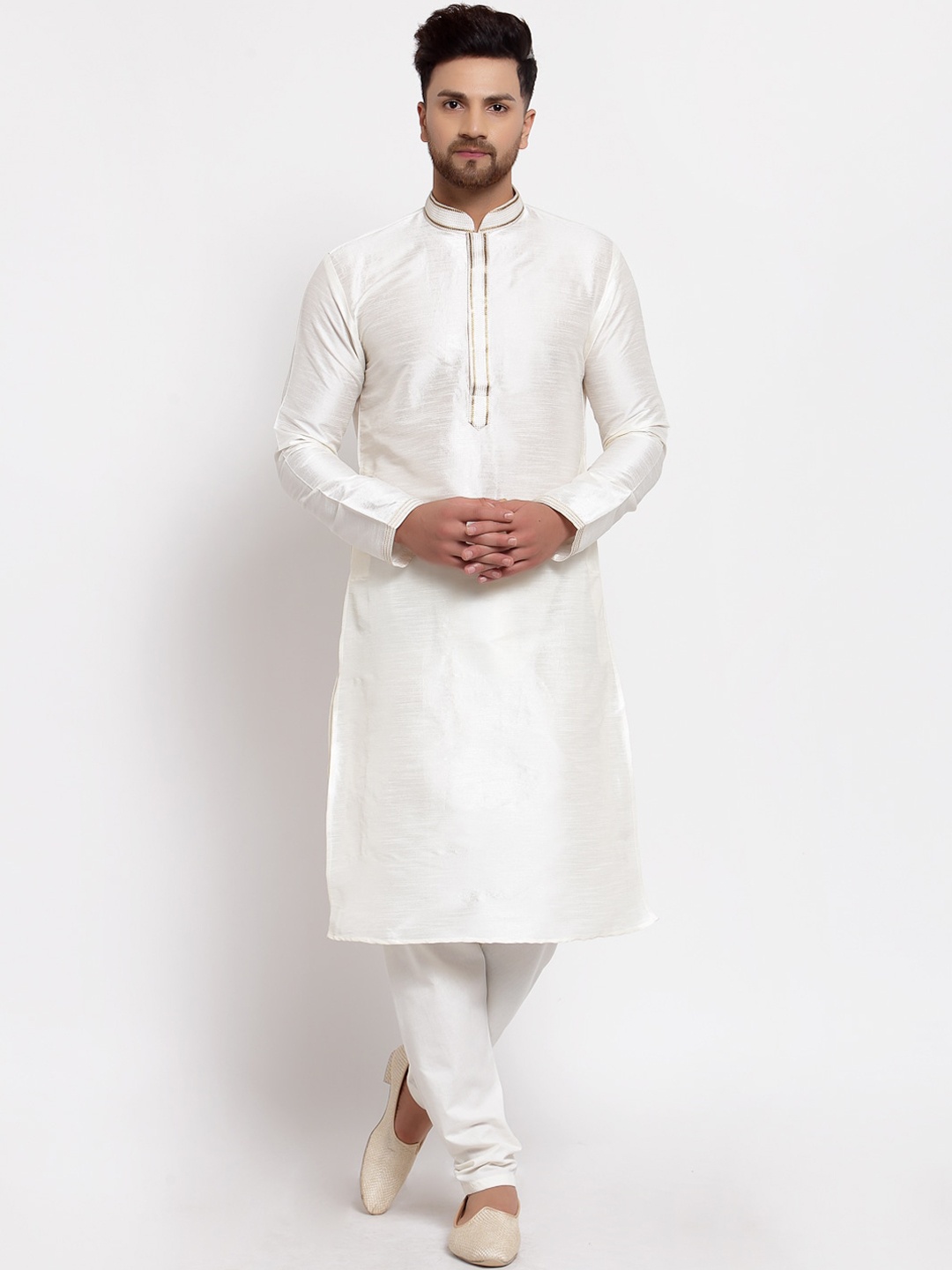 

MOHANLAL SONS Men Cream-Coloured & Gold-Toned Solid Mandarin Collar Straight Kurta