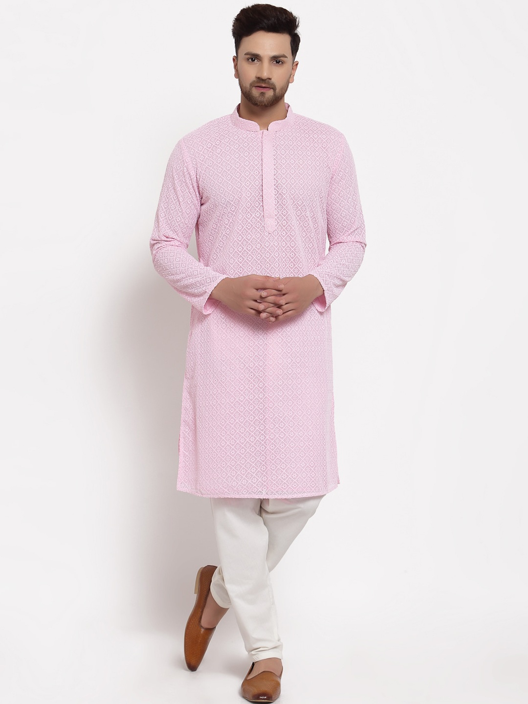 

MOHANLAL SONS Men Pink Embroidered Chikankari Georgette Straight Kurta