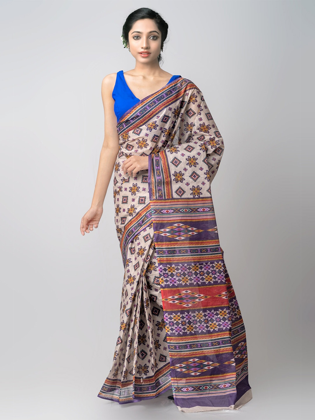 

Unnati Silks Beige & Navy Blue Ethnic Motifs Pure Handloom Sustainable Cotton Kovai Saree