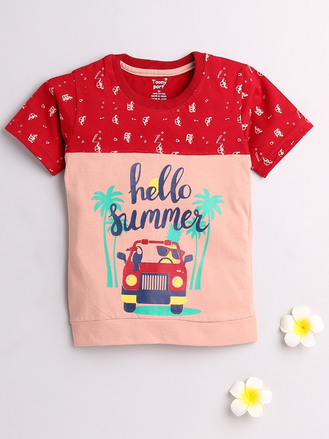 

Toonyport Boys Pink & Red Printed Cotton T-shirt