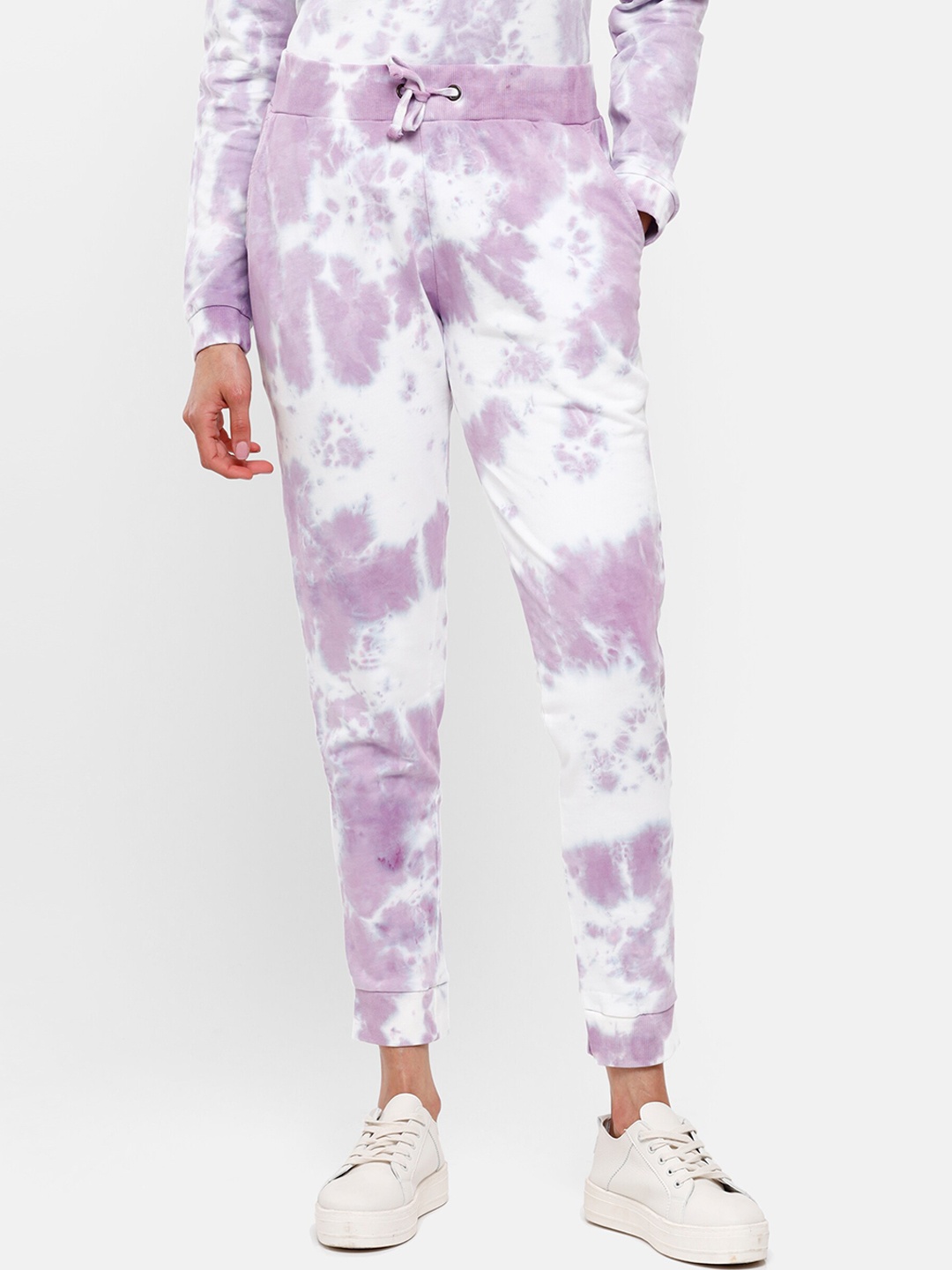 

De Moza Women Purple & White Tie and Dye Printed Relaxed-Fit Pure Cotton Joggers