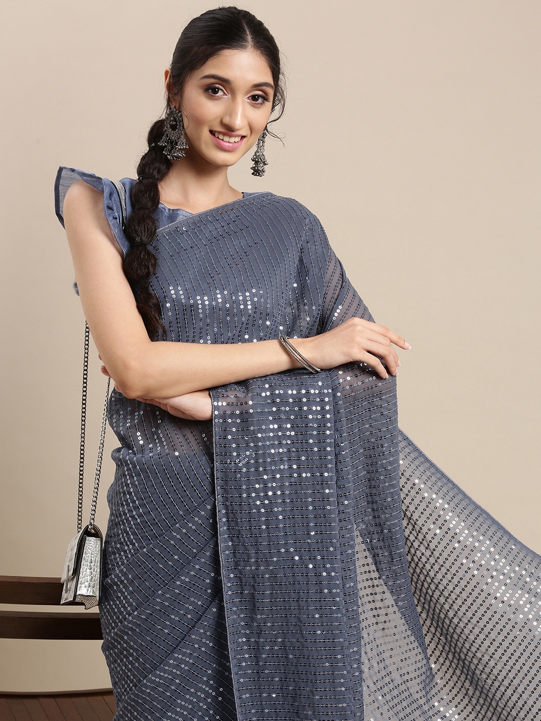 

Mitera Grey Floral Sequinned Pure Georgette Saree