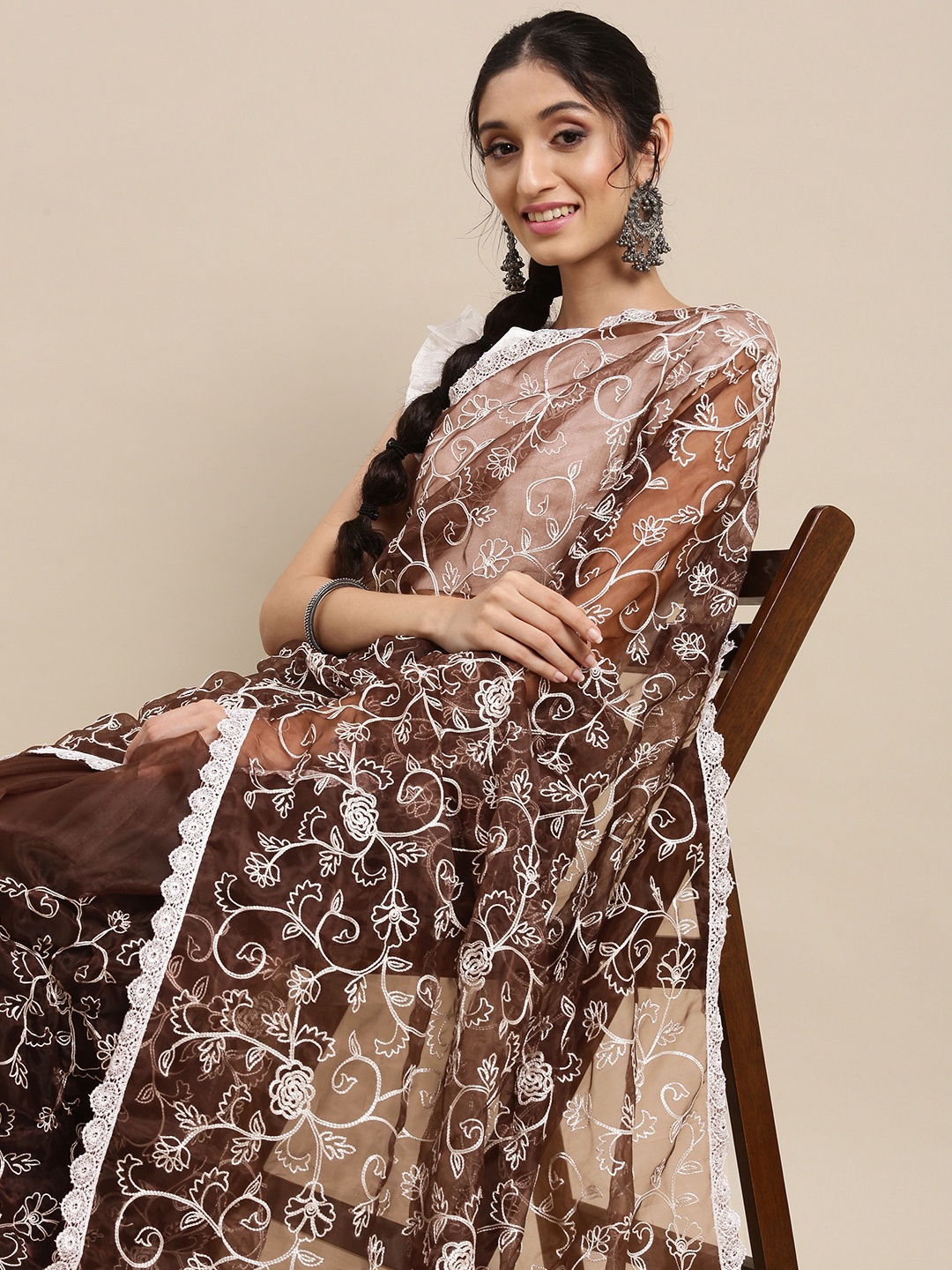 

Mitera Coffee Brown Floral Embroidered Organza Saree