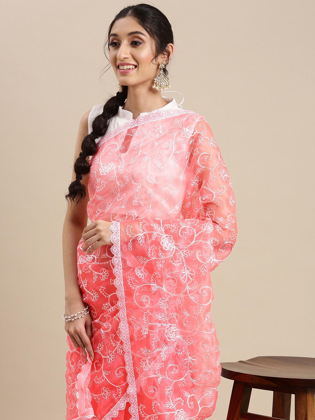 

Mitera Pink Floral Embroidered Organza Saree