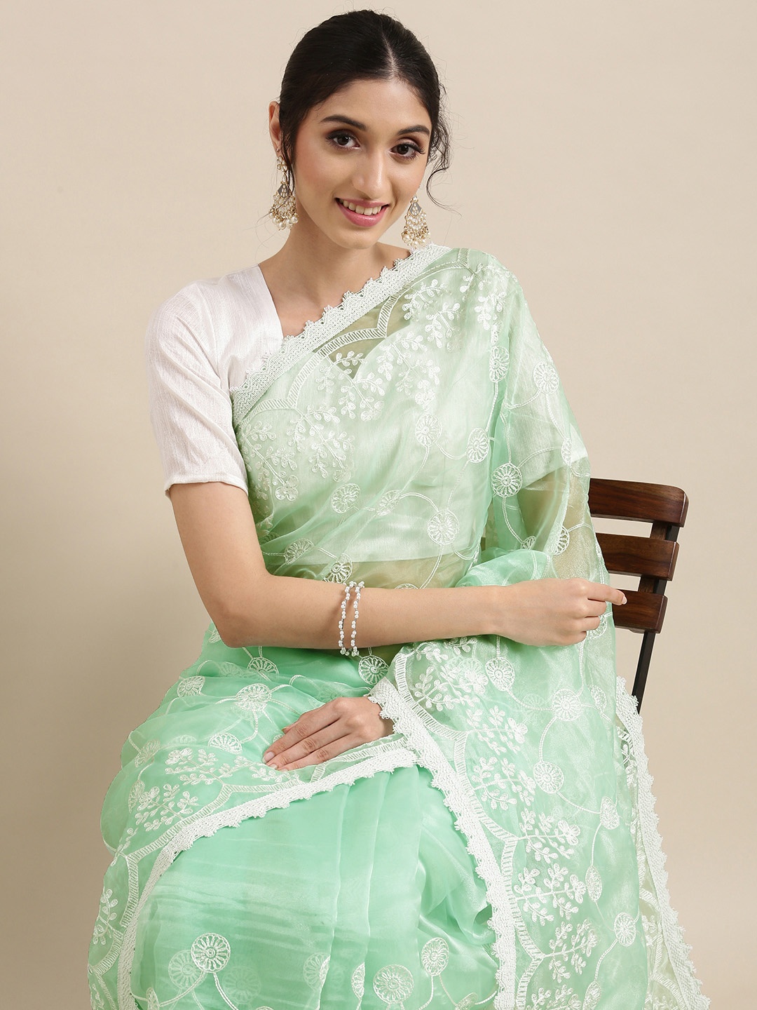 

Mitera Sea Green Floral Embroidered Organza Saree