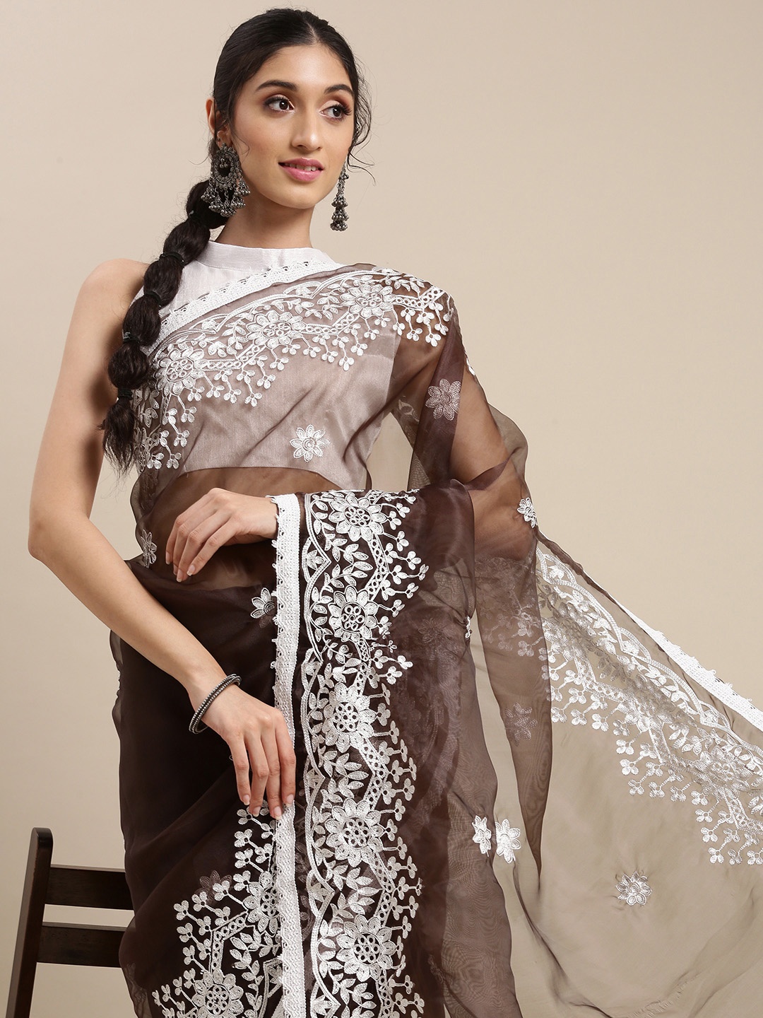 

Mitera Coffee Brown Floral Embroidered Organza Saree