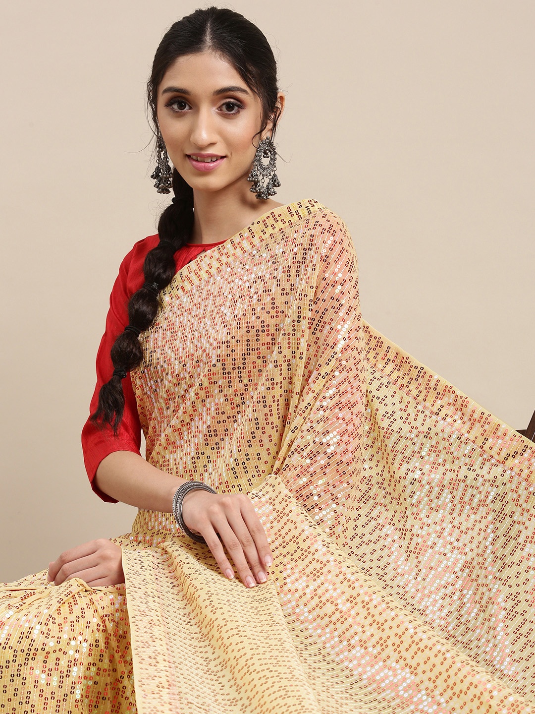 

Mitera Red & Cream-Coloured Floral Sequinned Pure Georgette Saree