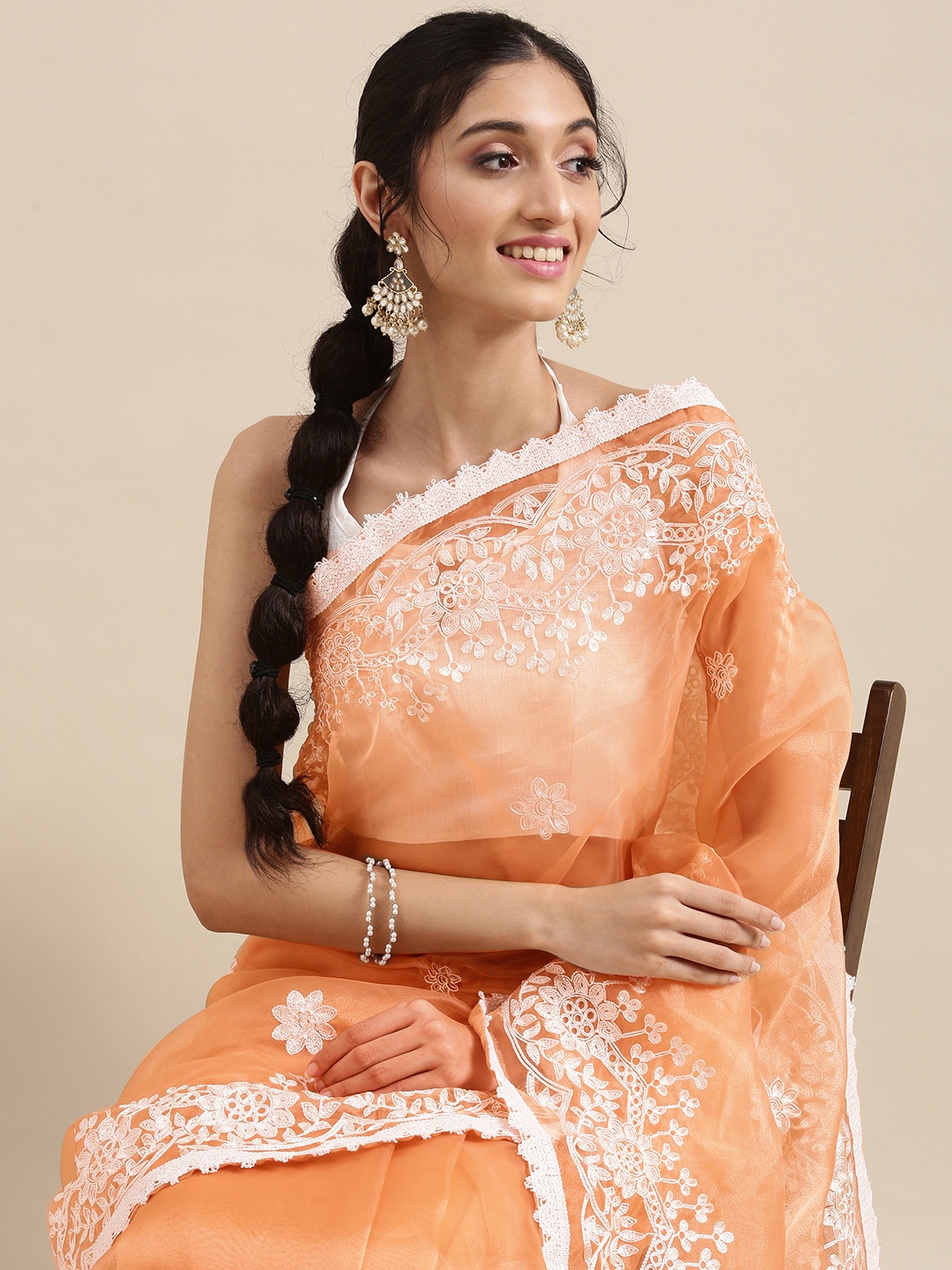 

Mitera Beige Floral Embroidered Organza Saree
