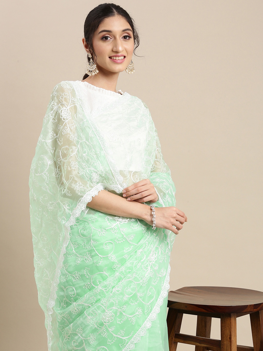 

Mitera Sea Green Floral Embroidered Organza Saree