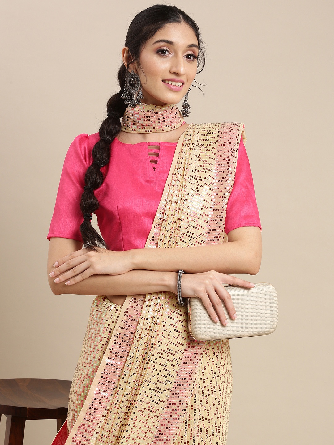 

Mitera Pink & Cream-Coloured Floral Sequinned Pure Georgette Saree