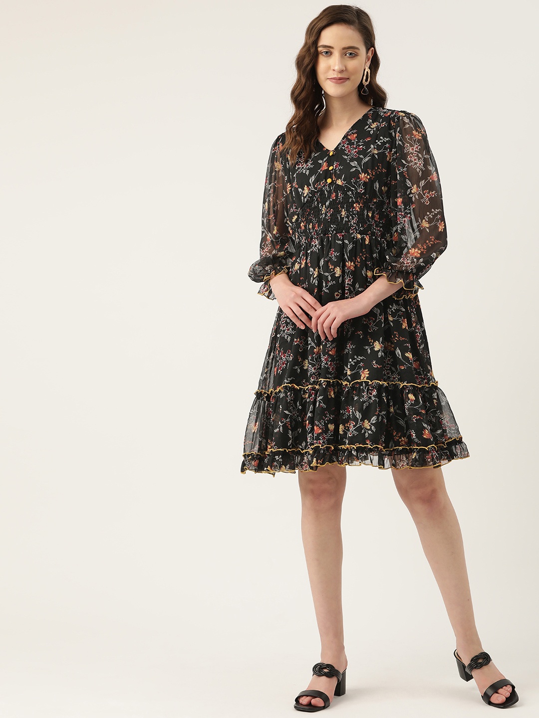 

Antheaa Black Floral Print Smocked Chiffon Fit & Flare Dress