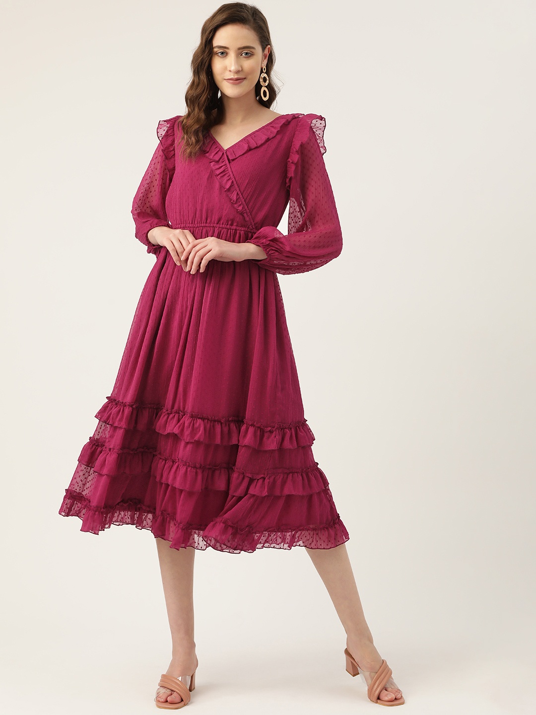 

Antheaa Pink Self-Design Chiffon Midi Fit & Flare Dress