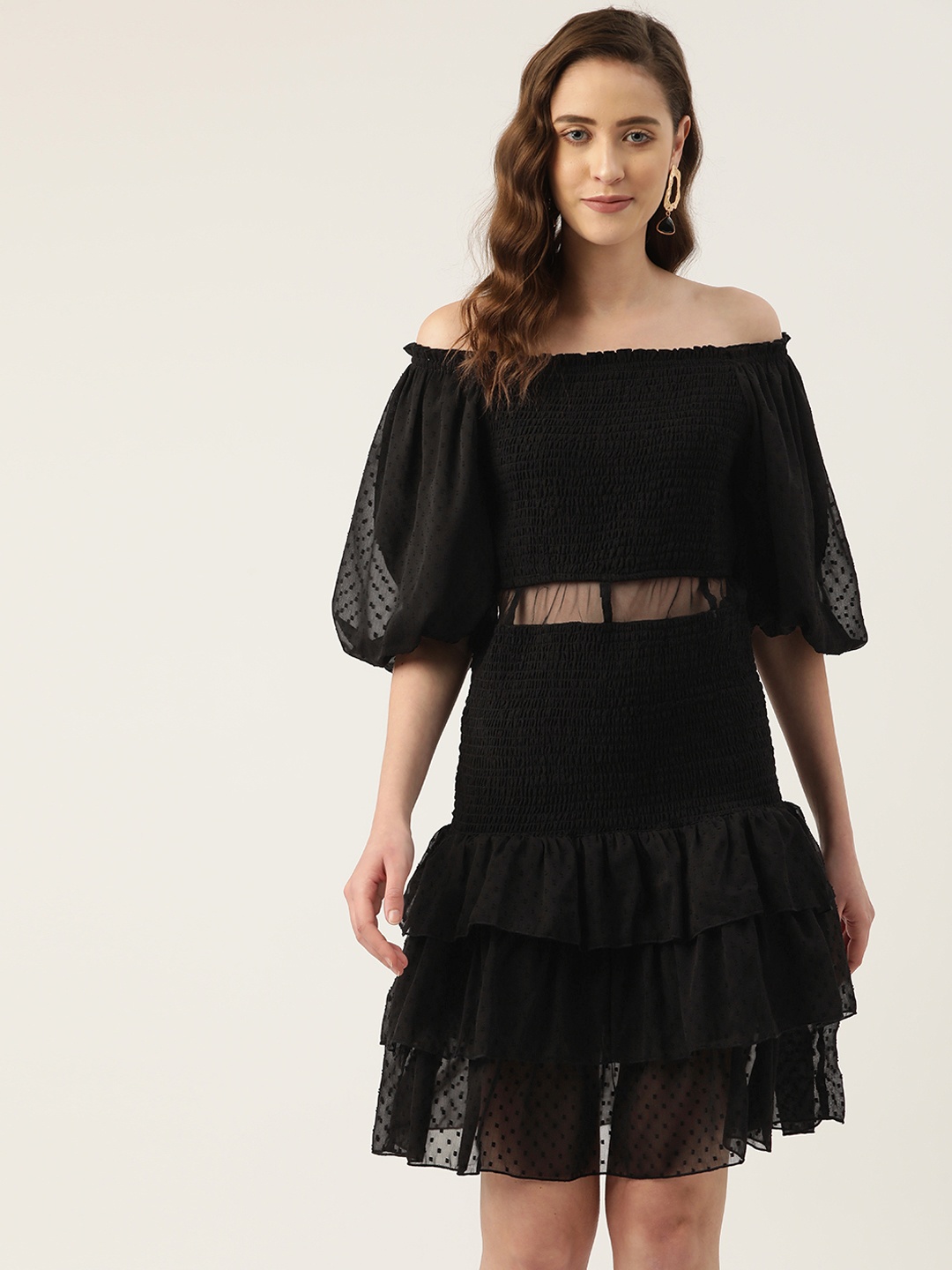 

Antheaa Black Smocked Net Bardot Style Dress