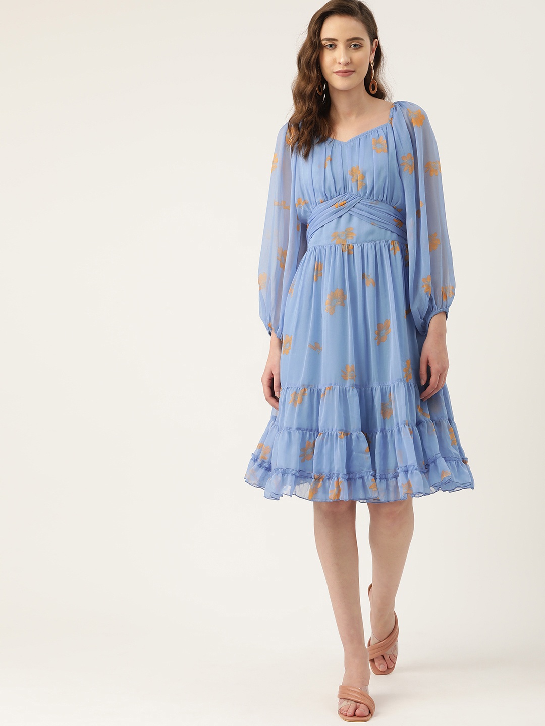 

Antheaa Blue Floral Print Chiffon Fit & Flare Dress
