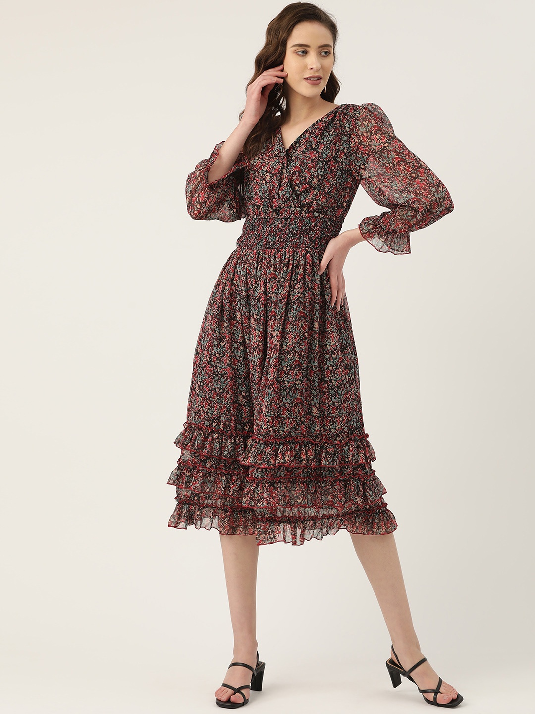

Antheaa Black Printed Chiffon Midi Fit & Flare Dress