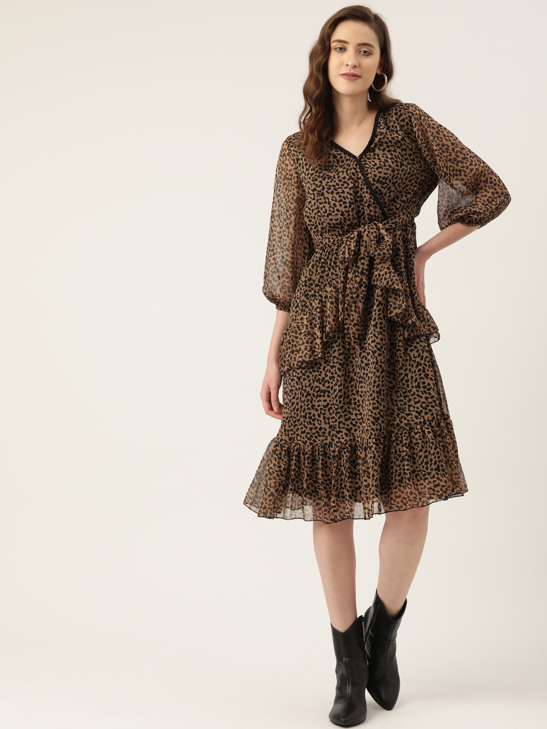 

Antheaa Brown Animal Print Chiffon Fit & Flare Dress