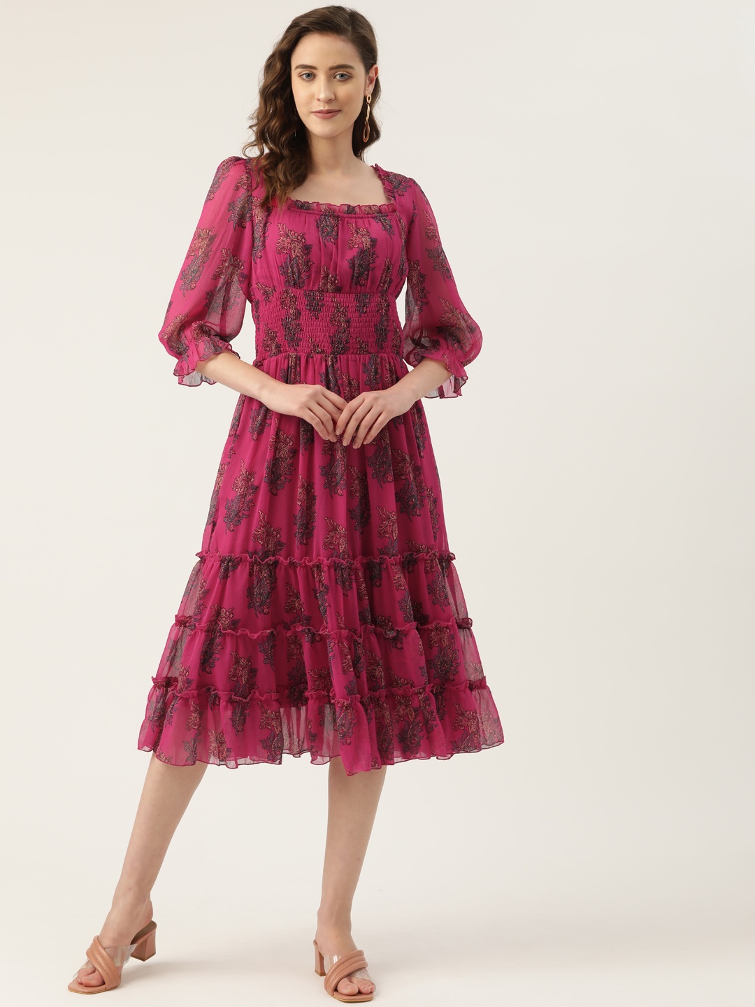 

Antheaa Fuchsia Paisley Print Smocked Chiffon Midi Fit & Flare Dress