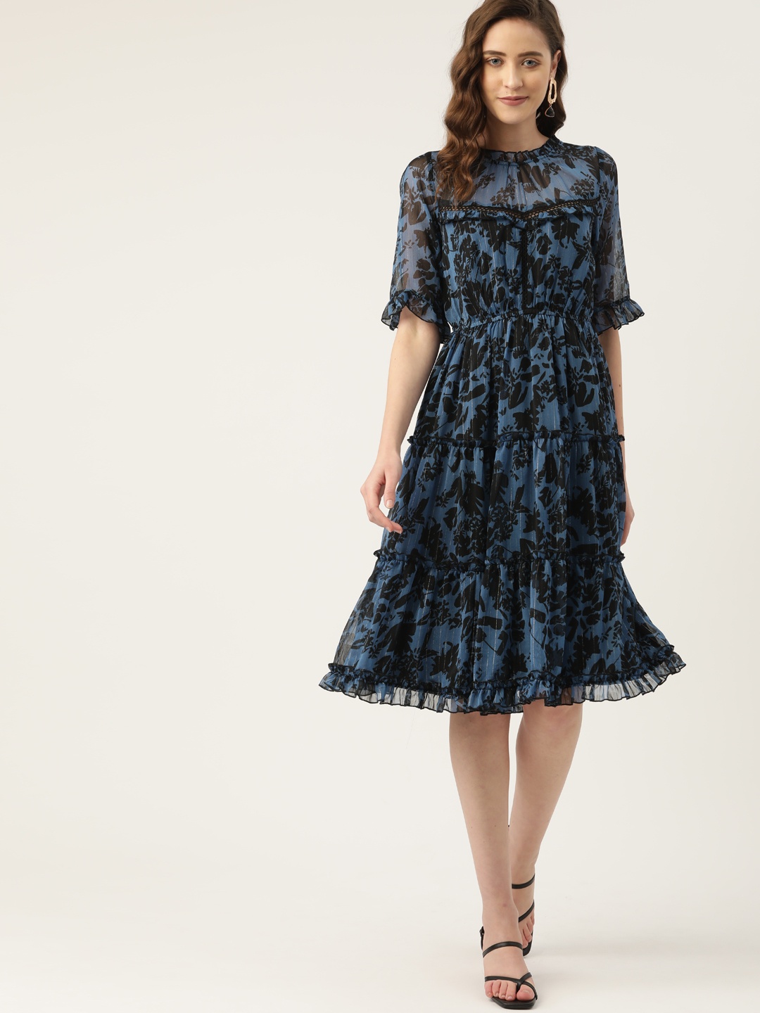 

Antheaa Blue & Black Floral Print Chiffon Tiered Dress