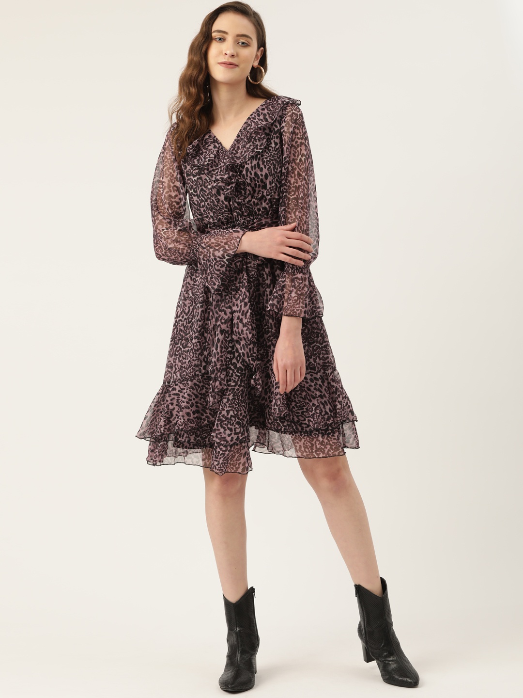 

Antheaa Black & Brown Animal Print Chiffon Fit & Flare Dress