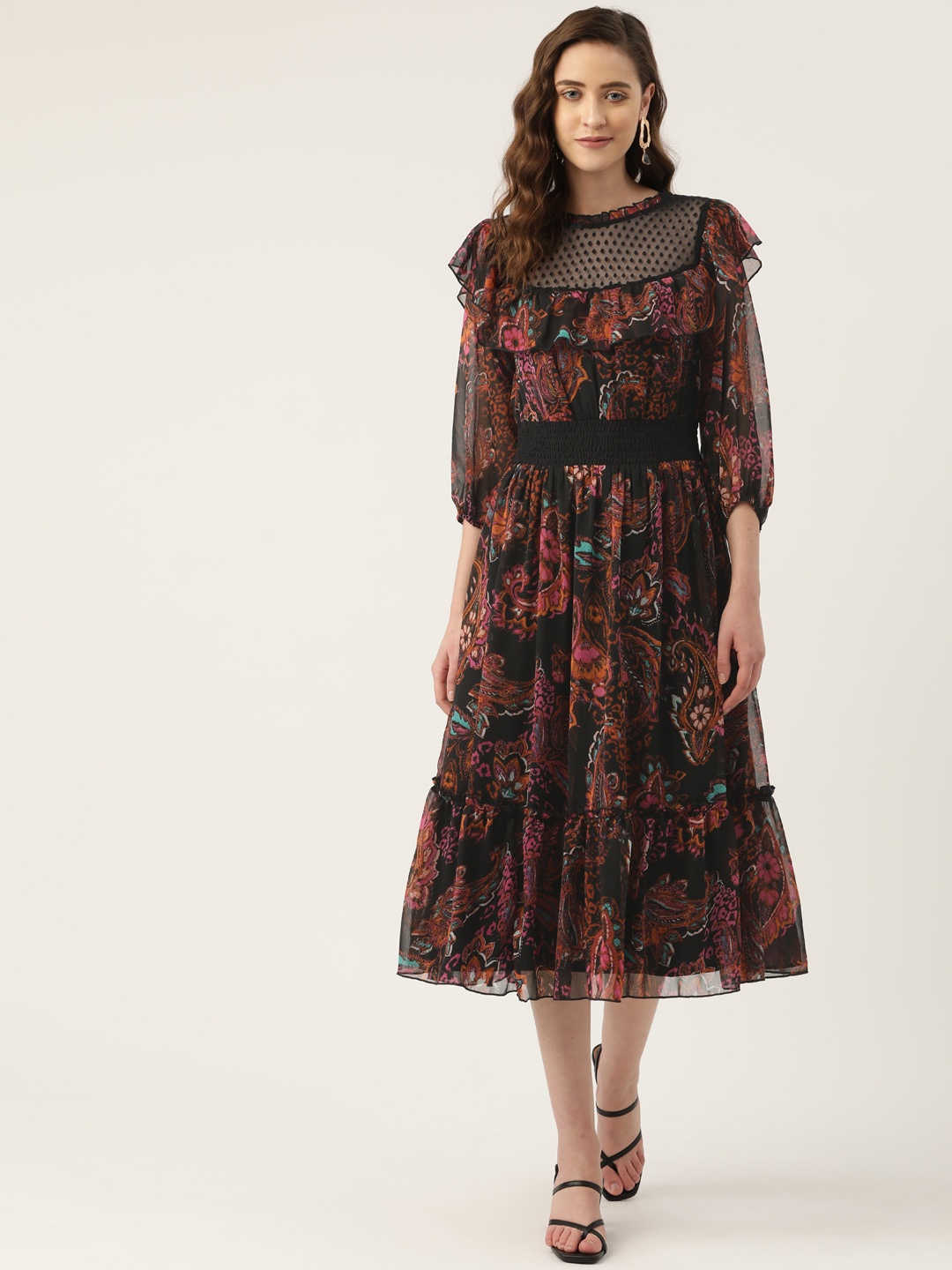 

Antheaa Black Ethnic Print Smocked Chiffon Midi Fit & Flare Dress