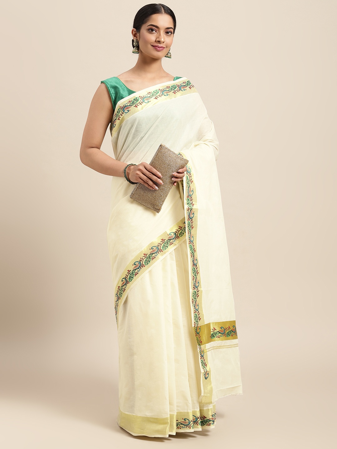 

Thara Sarees Off White & Golden Handloom Solid Zari Pure Cotton Kasavu Saree