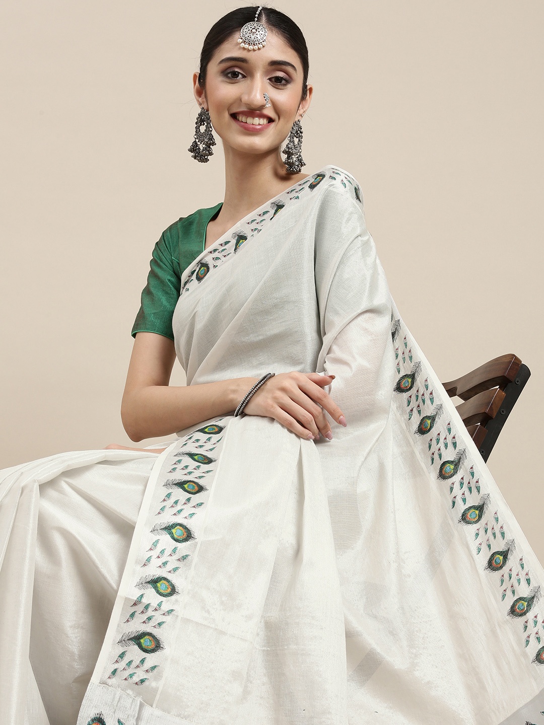 

Thara Sarees Women Off White & Green Ethnic Motifs Pure Cotton Kasavu Saree