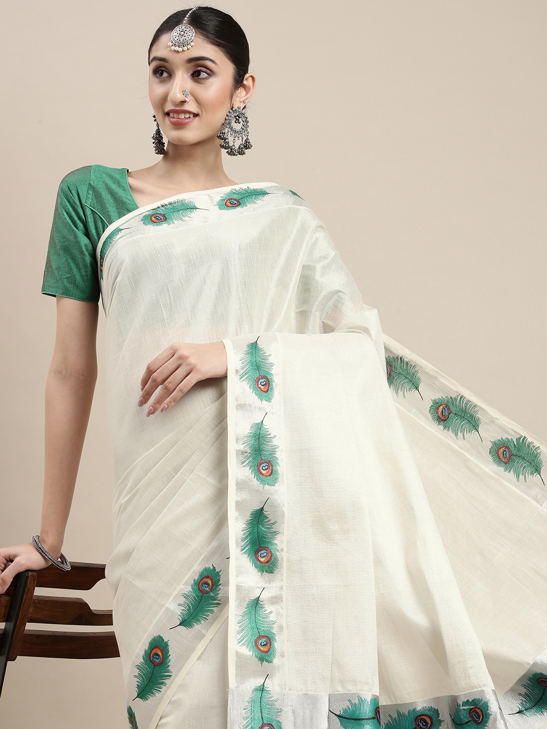

Thara Sarees Women Off White & Green Ethnic Motifs Pure Cotton Kasavu Saree
