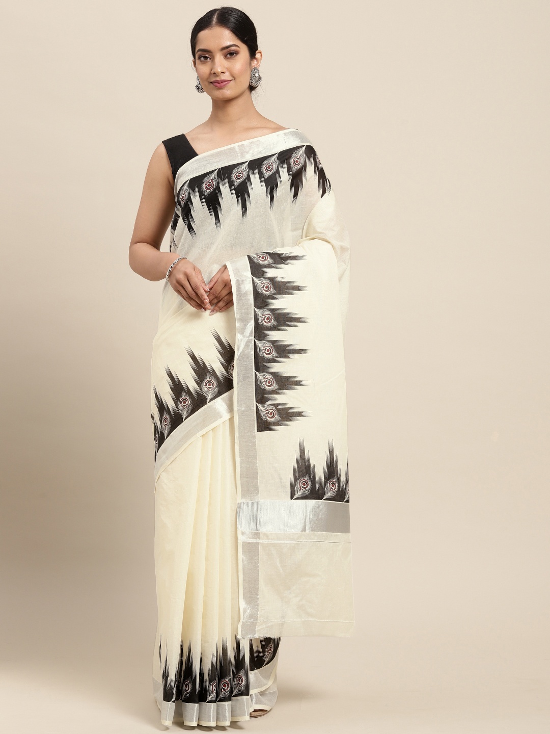 

Thara Sarees Women Off White & Black Ethnic Motifs Pure Cotton Kasavu Saree