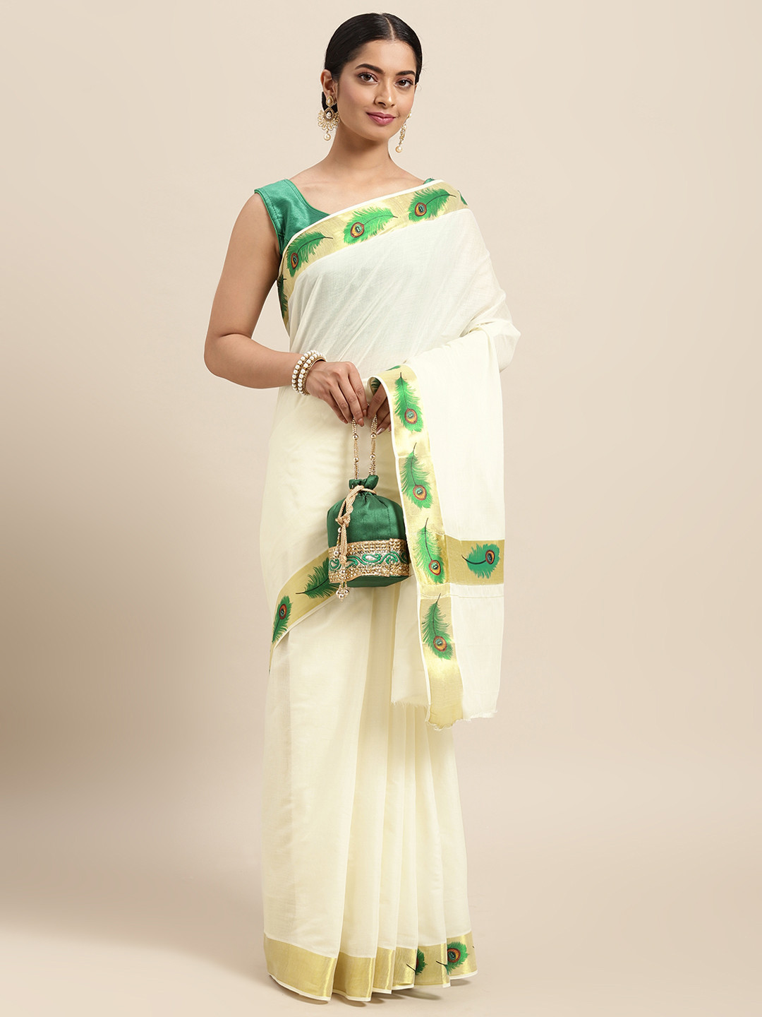 

Thara Sarees Off White & Green Ethnic Motifs Pure Cotton Kasavu Saree