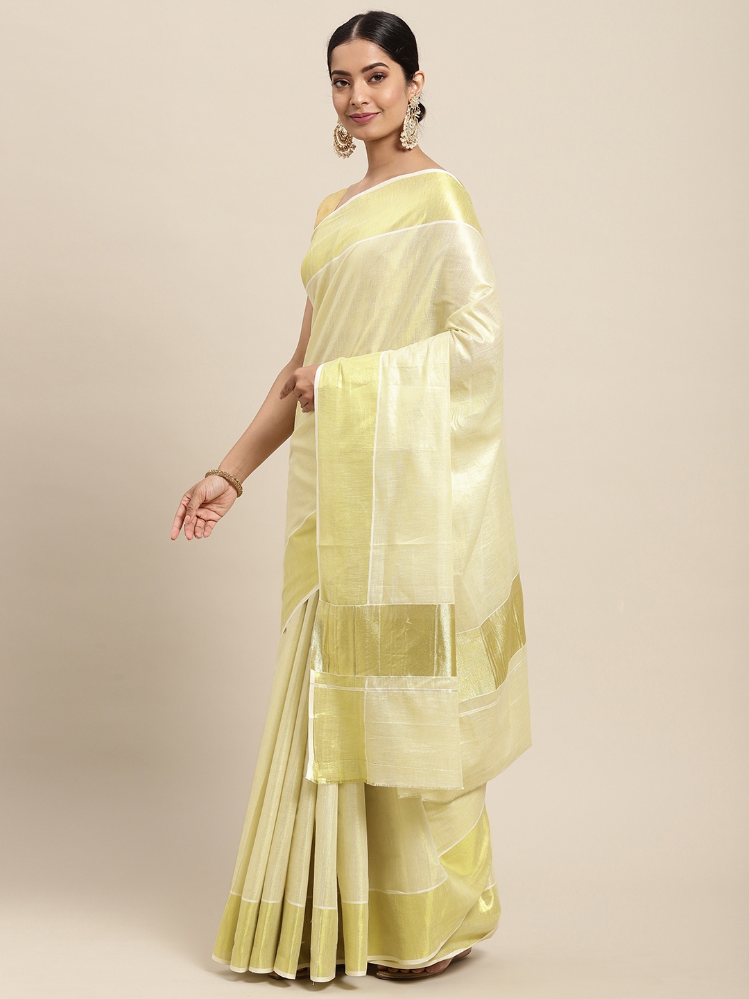 

Thara Sarees Cream-Coloured & Golden Handloom Zari Work Pure Cotton Kasavu Saree