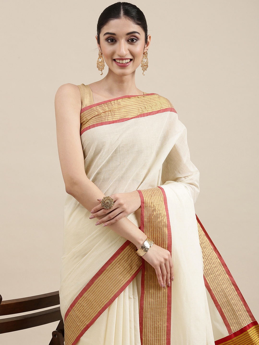 

Thara Sarees Women Off White & Golden Woven Design Pure Cotton Kasavu Saree