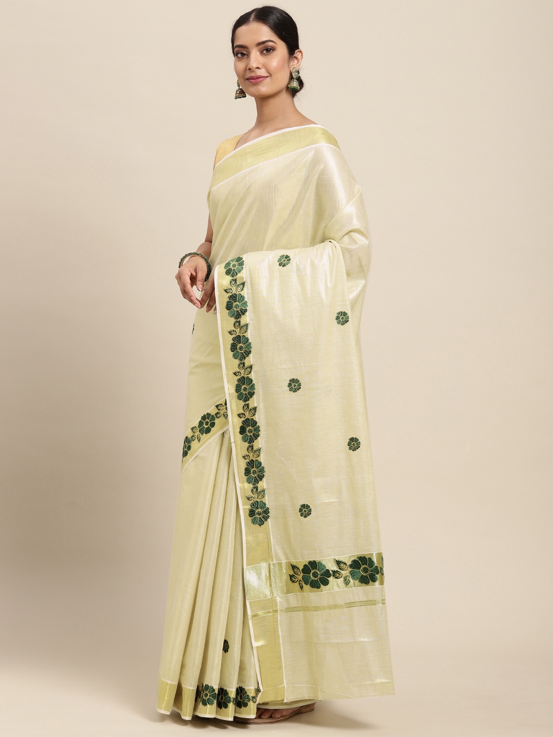 

Thara Sarees Cream-Coloured & Golden Handloom Zari Work Pure Cotton Kasavu Saree
