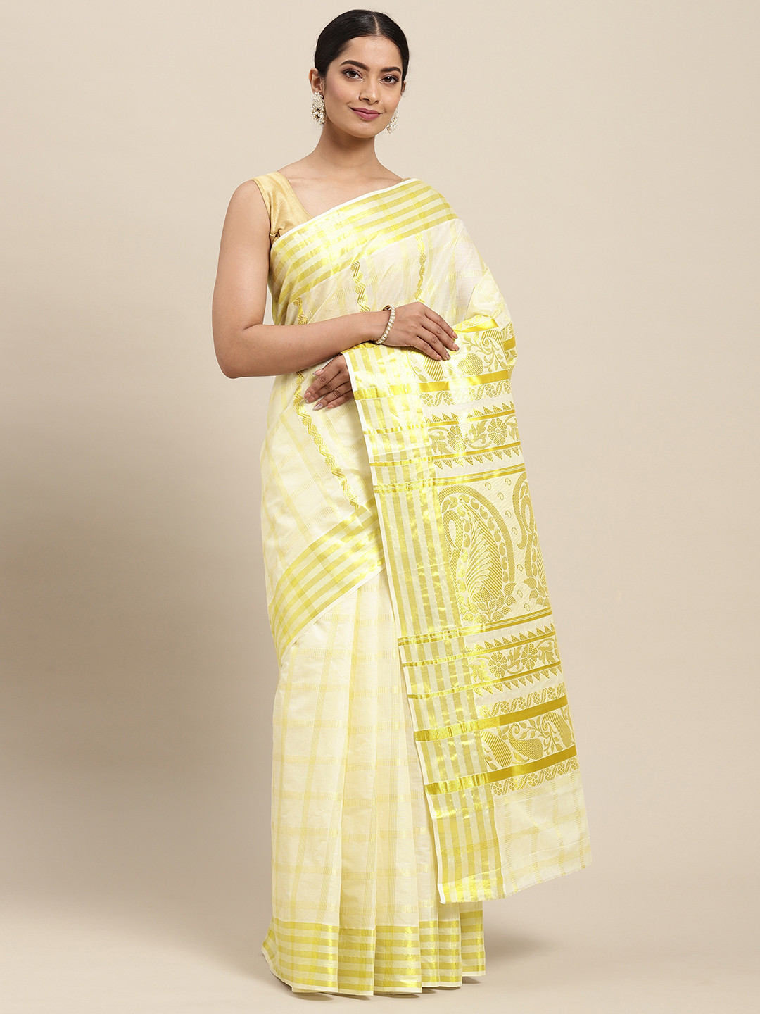 

Thara Sarees Off White & Golden Handloom Zari Work Checked Pure Cotton Kasavu Saree