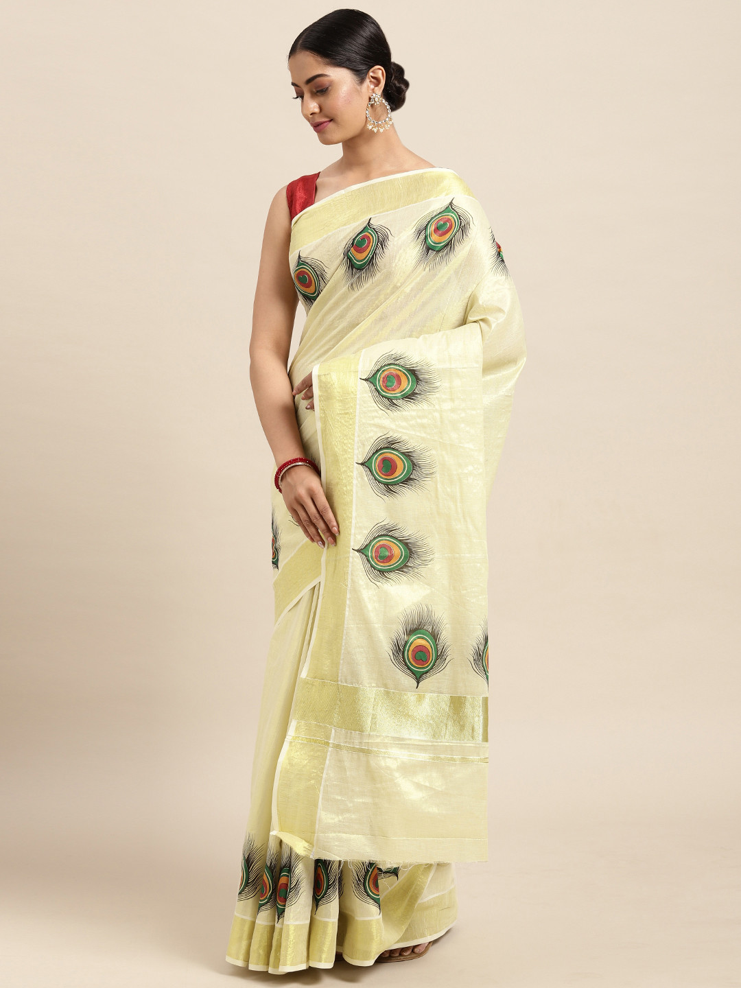

Thara Sarees Cream-Coloured & Golden Handloom Printed Zari Pure Cotton Kasavu Saree
