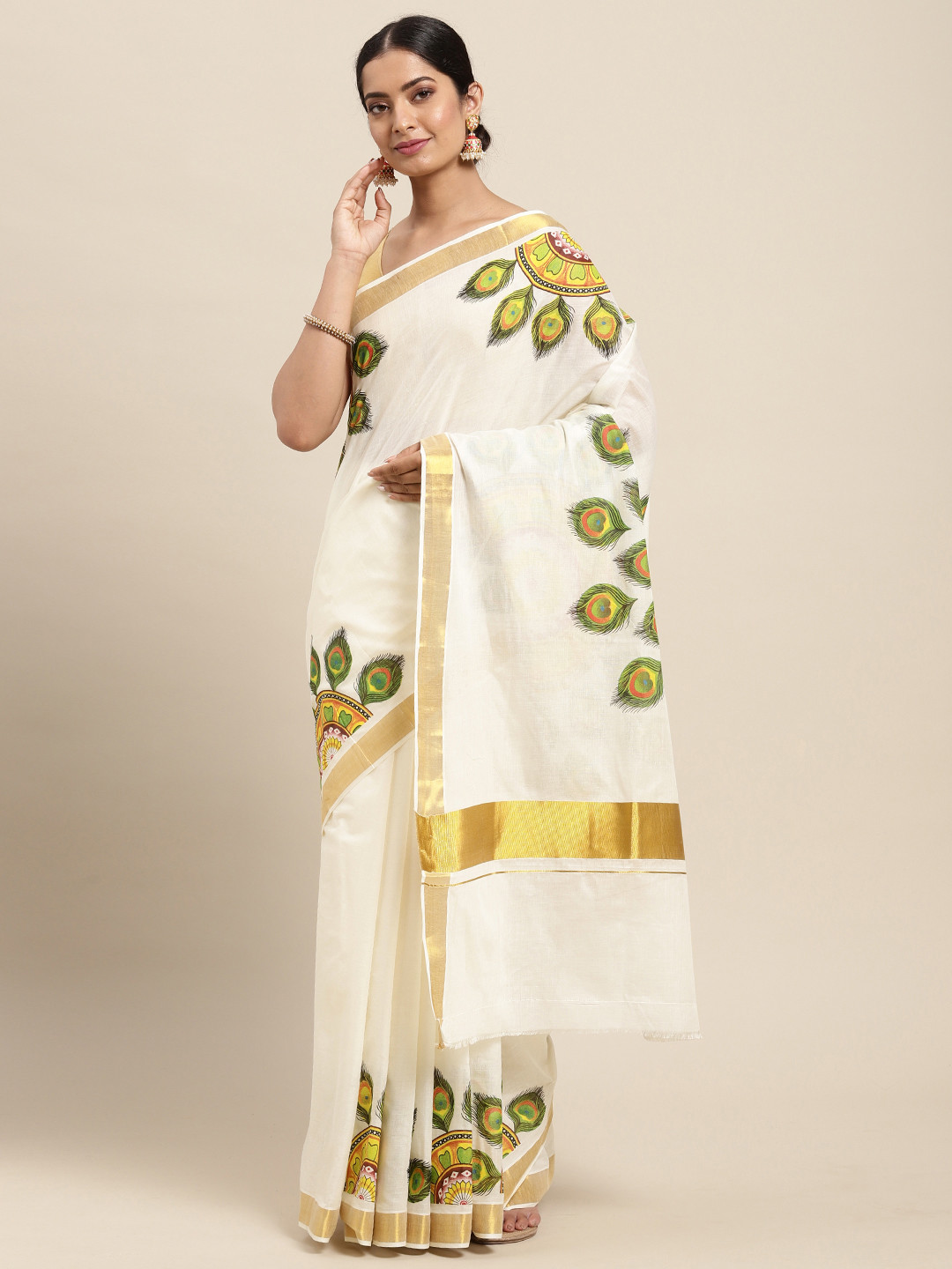 

Thara Sarees Women Off White & Green Ethnic Motifs Zari Pure Cotton Kasavu Saree