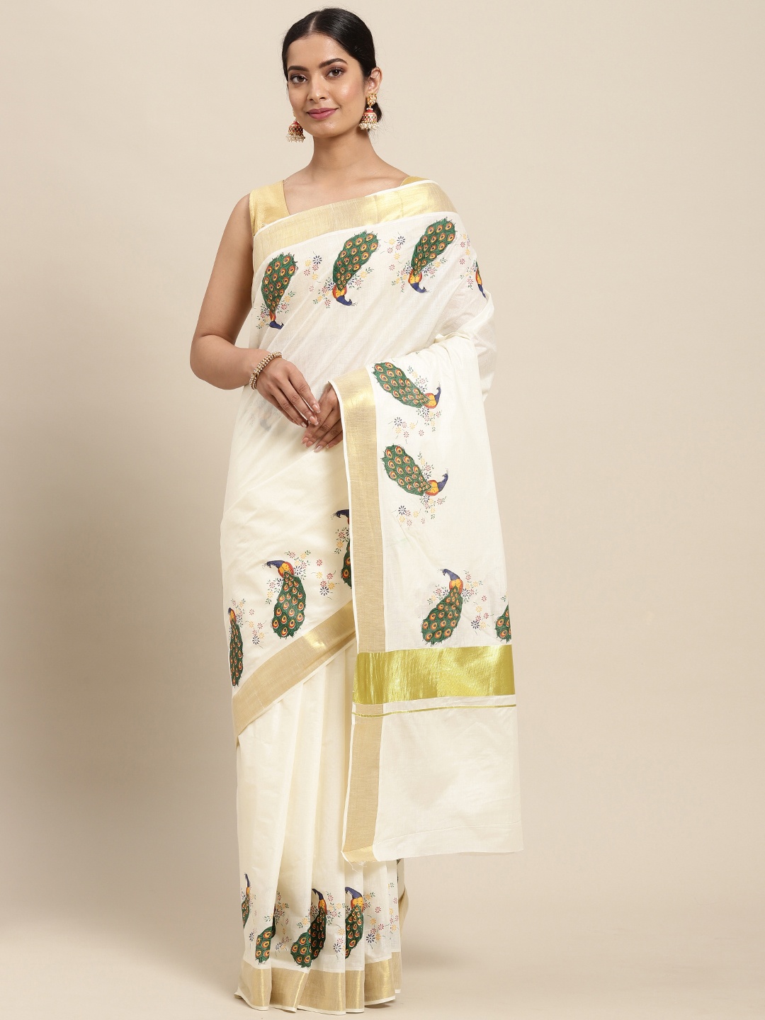 

Thara Sarees Women Off White & Green Ethnic Motifs Zari Pure Cotton Kasavu Saree