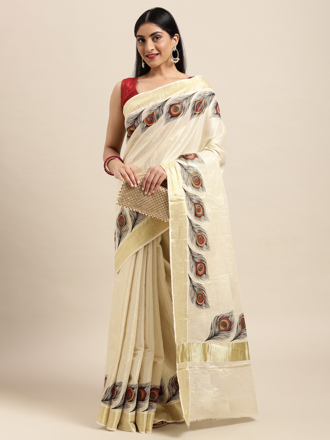 

Thara Sarees Cream-Coloured & Golden Handloom Printed Zari Pure Cotton Kasavu Saree