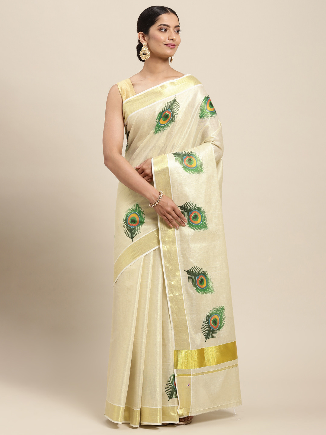 

Thara Sarees Cream-Coloured & Green Handloom Zari Work Printed Pure Cotton Kasavu Saree