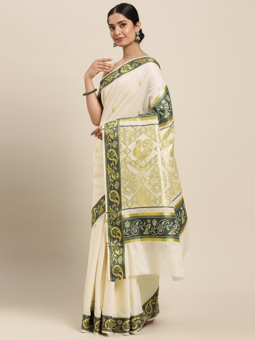 

Thara Sarees Off White & Golden Handloom Zari Work Pure Cotton Kasavu Saree