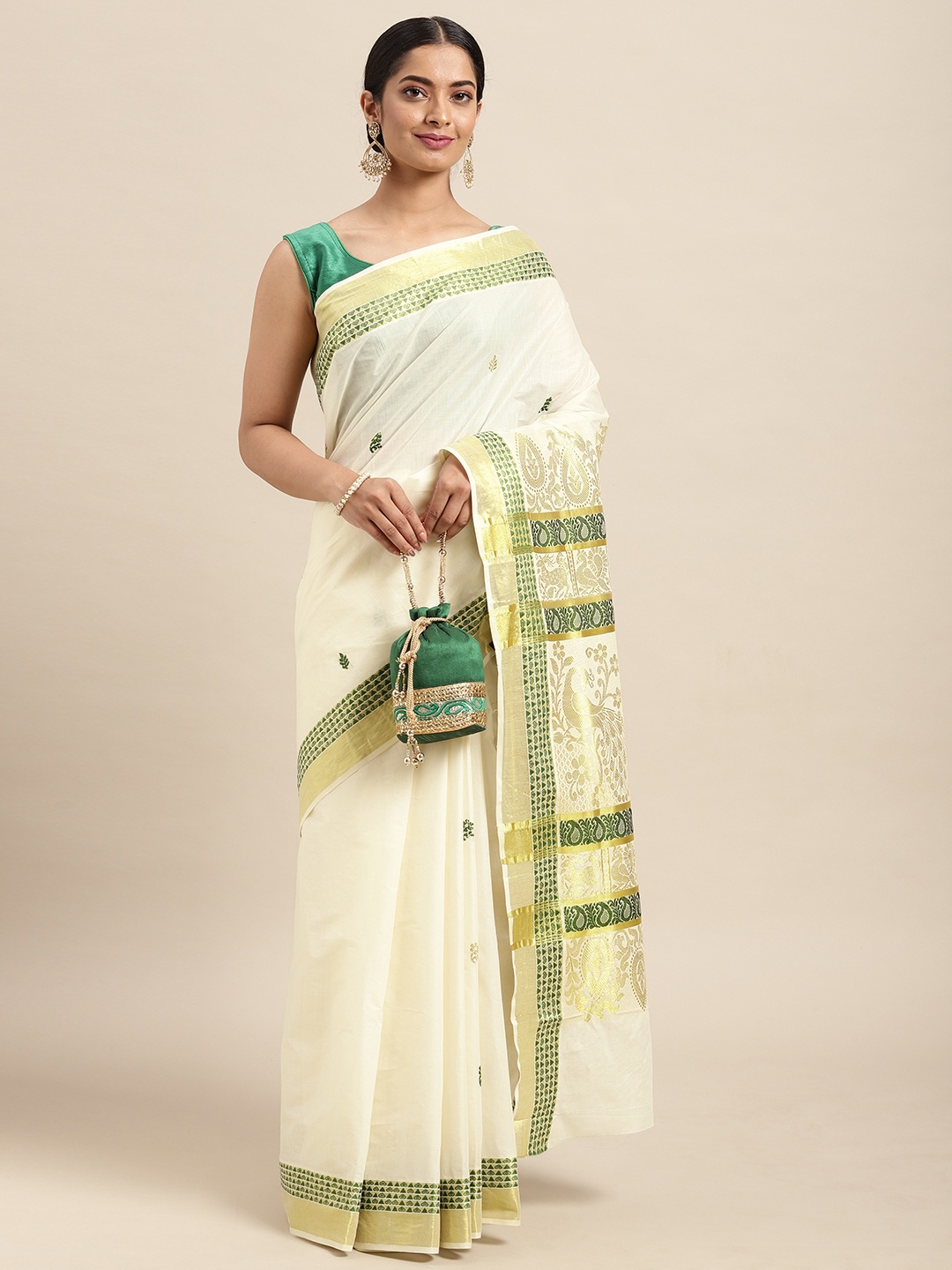 

Thara Sarees Off White & Golden Handloom Ethnic Motifs Zari Pure Cotton Kasavu Saree