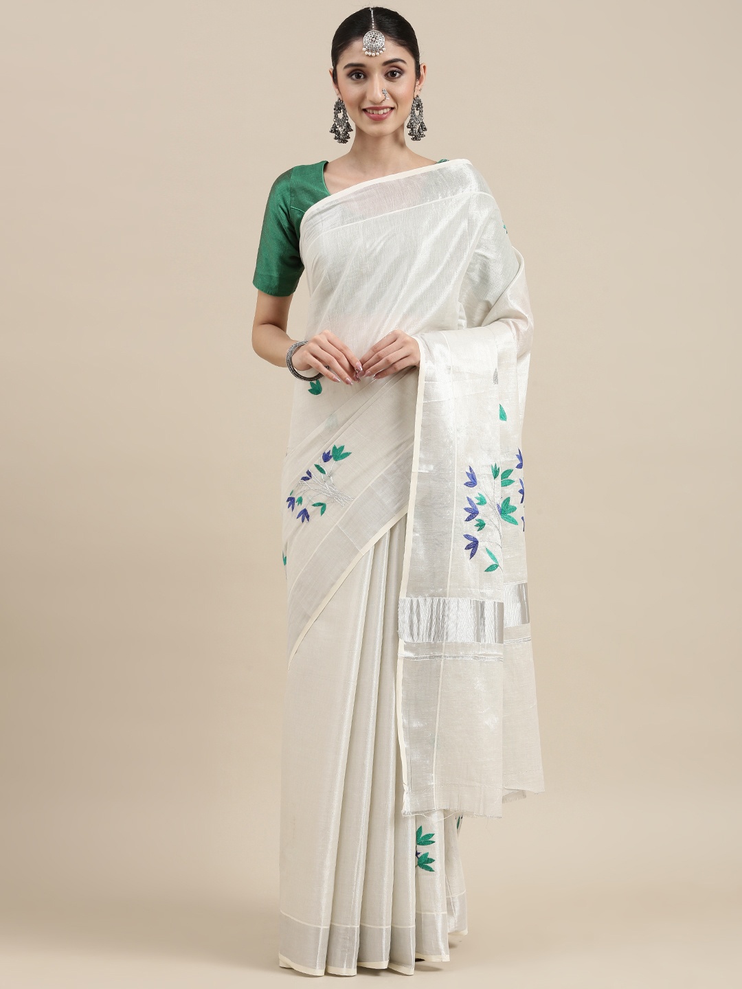 

Thara Sarees Women Off White & Green Ethnic Motifs Embroidered Pure Cotton Kasavu Saree