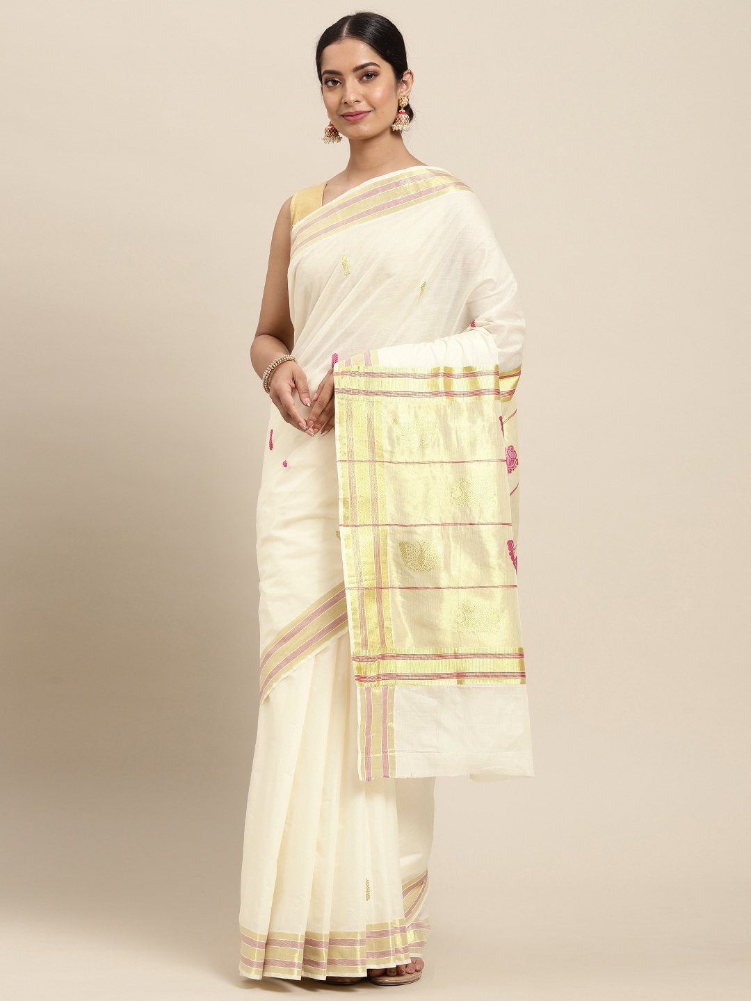 

Thara Sarees Off White & Golden Handloom Zari Work Pure Cotton Kasavu Saree