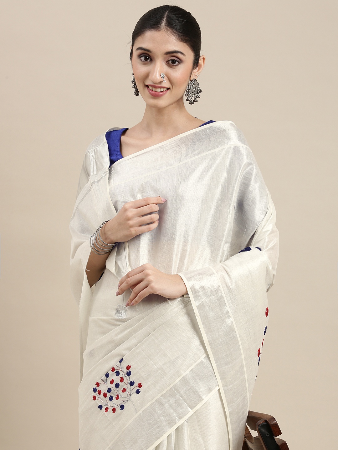 

Thara Sarees Silver & Navy Blue Ethnic Motifs Pure Cotton Kasavu Saree