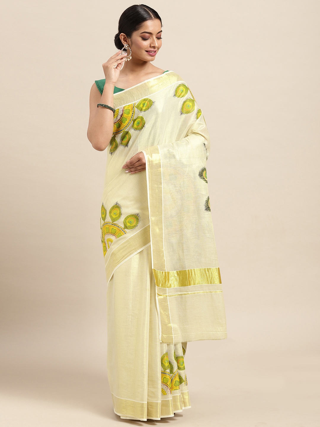 

Thara Sarees Cream-Coloured & Golden Handloom Printed Zari Pure Cotton Kasavu Saree