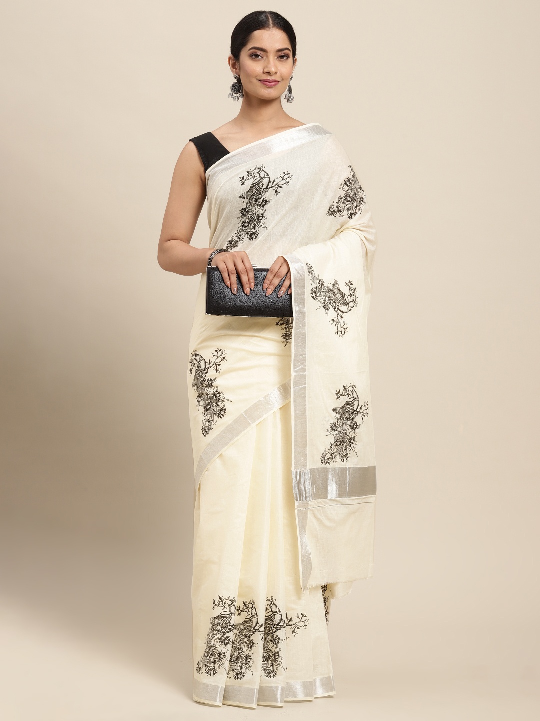 

Thara Sarees Women Off White & Black Ethnic Motifs Pure Cotton Kasavu Saree