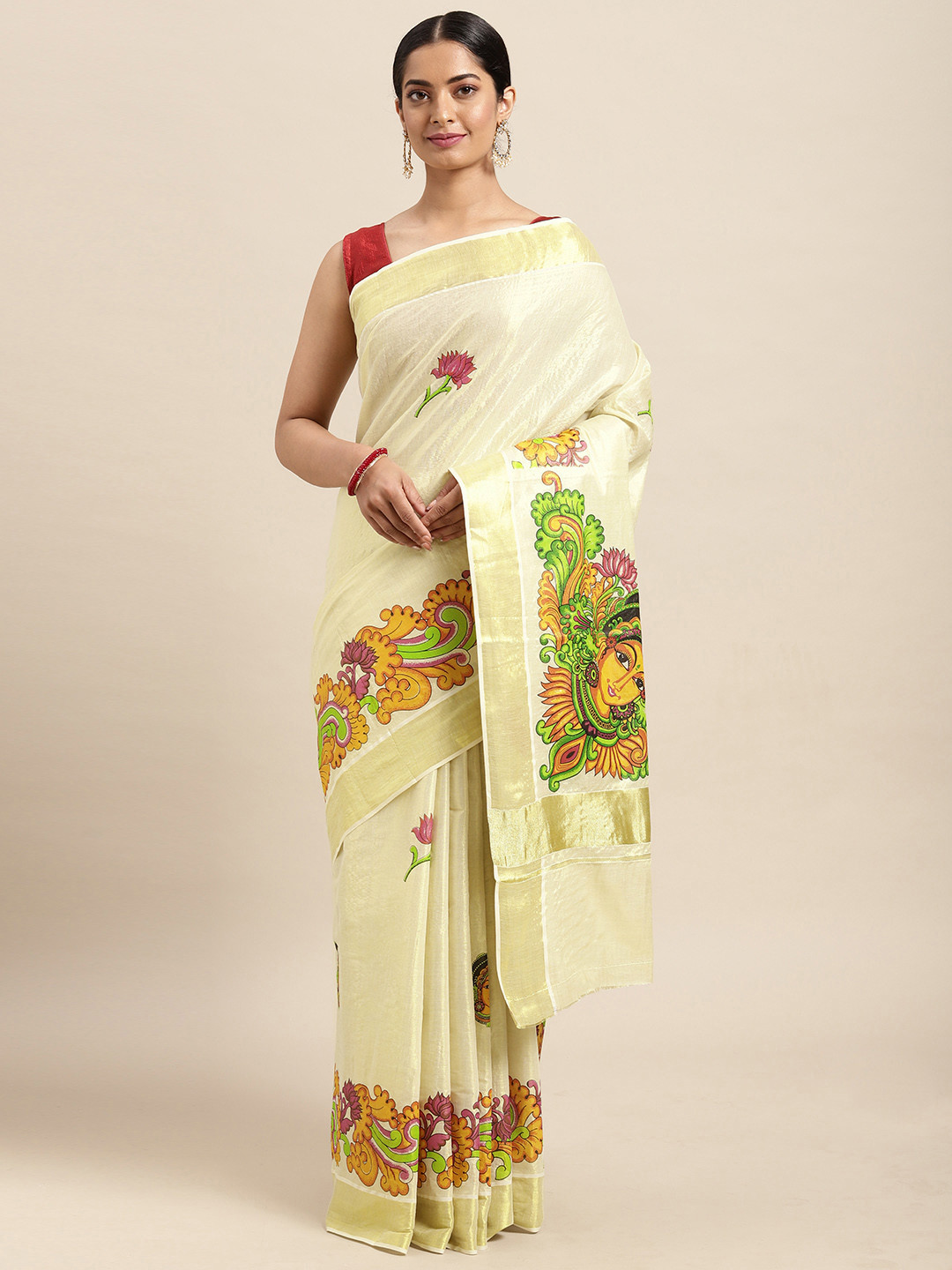 

Thara Sarees Cream-Coloured & Green Handloom Printed Zari Work Pure Cotton Kasavu Saree