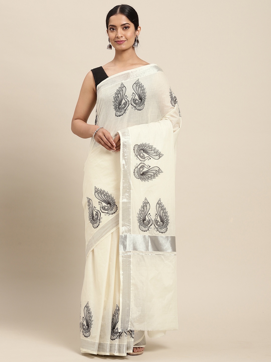 

Thara Sarees Women Off White & Silver Ethnic Motifs Pure Cotton Kasavu Saree